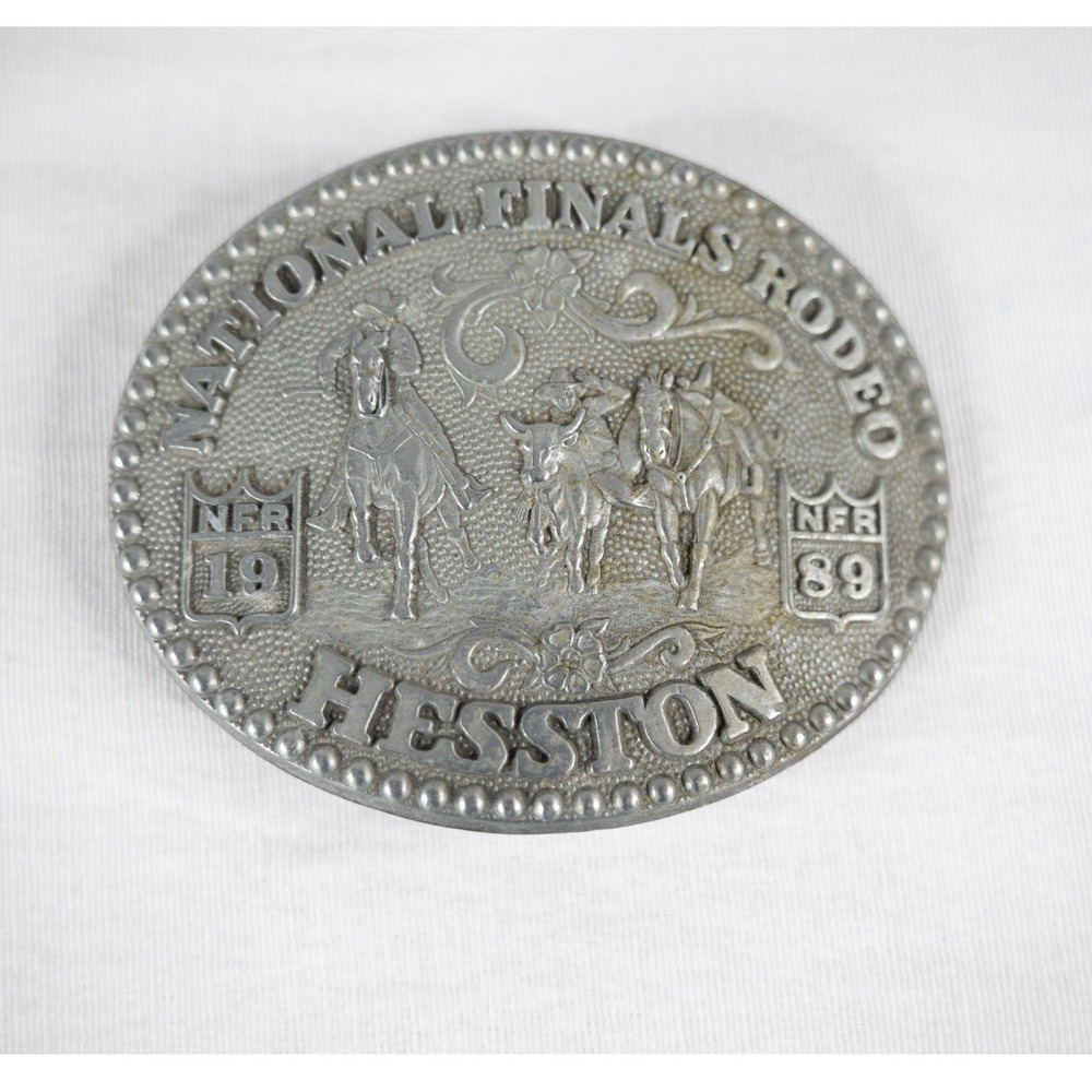 Hesston Belt Buckle Mens Silver Good 1989 NFR National Finals Rodeo Vintage